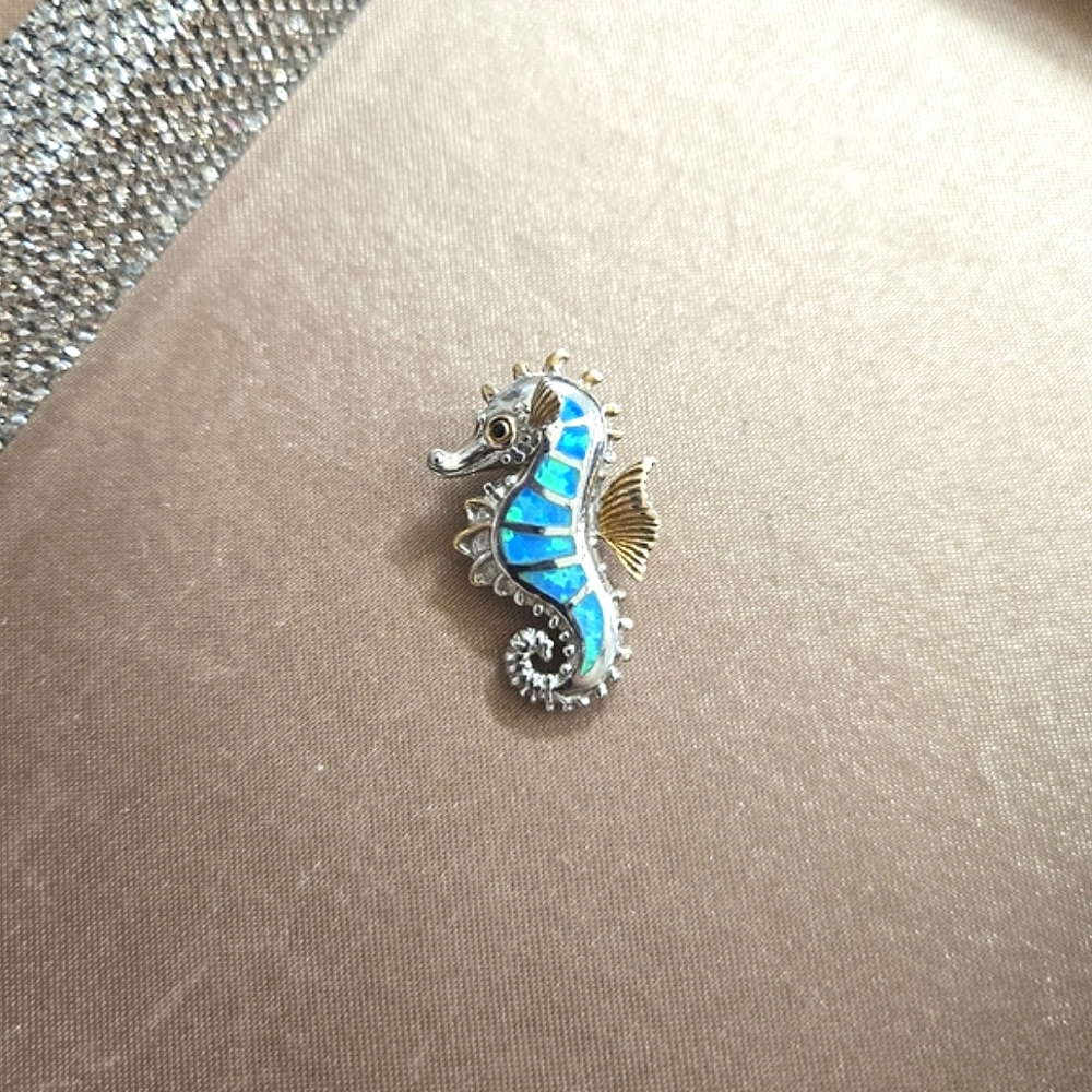 Kovel Sterling Opal Inlay Two-Tone Seahorse Pendant